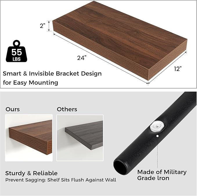 Floating Shelves for Wall, 24 Inch Wide x 12 Inch Deep Floating Shelves, Long Wood Floating Wall Shelf Shelves for Living Roo