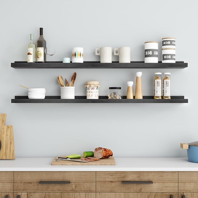 Picture Ledge Shelf for Wall, 48 inch Solid Pine Wood Nursery Book Shelves 2 Packs, Floating Ledge Shelves for Kids' Room Bed