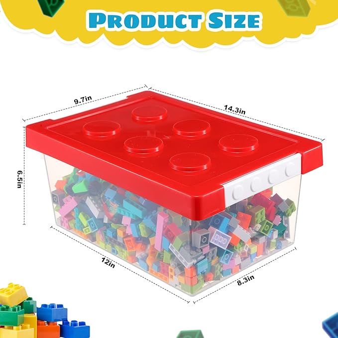 Vicenpal 4 Pack Toy Storage Containers with Lids Brick Shaped Kids Toy Organizer Box Plastic Clear Stackable Bin Chest for Bu