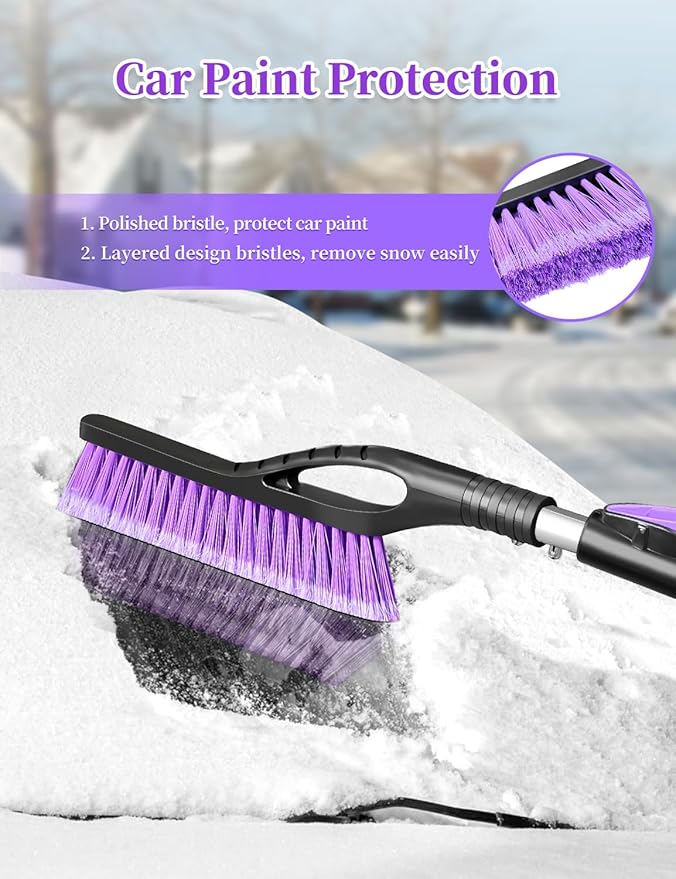 HEEYA 2 Pack Ice Scraper and Brush for Car, Extendable Snow Brush and Ice Scraper for Car Windshield Window, Car Snow Scraper and Brush with Foam Grip for SUV Truck Automobile Vehicle - Purple