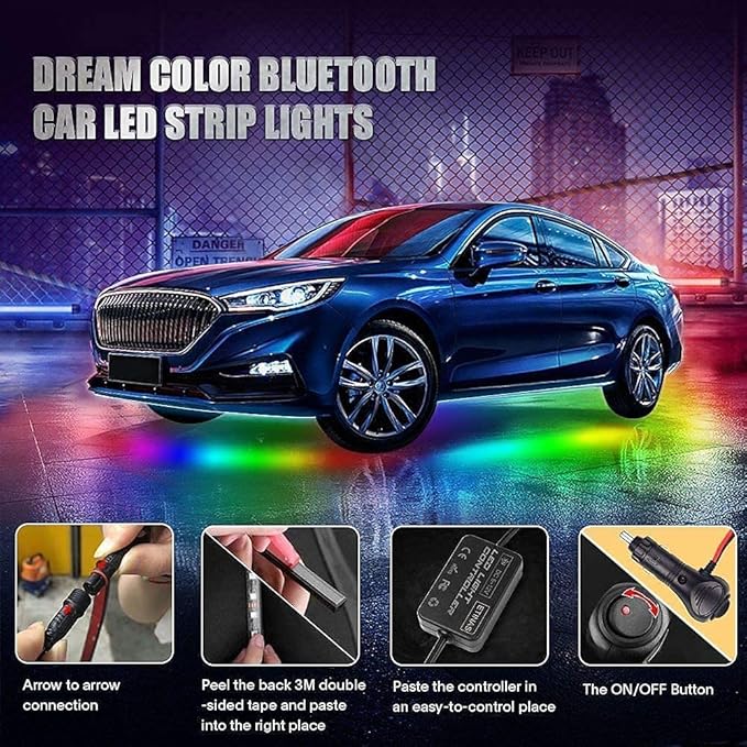 Car Underglow Lights, Bluetooth Dream Color Chasing StripLights Kit, 6 PCS Waterproof Exterior Car Lights with APP Control, 12V 300 LEDs Underbody Lights for All Cars