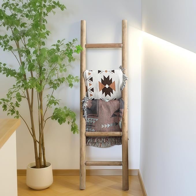 Wooden Blanket Ladder - 57in Natural Wood Color- Leaning Wall Decor for Bedroom, Bathroom, Living Room - Rustic Quilt Holder 