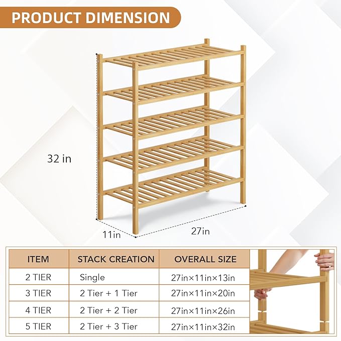 5 Tier Bamboo Shoe Rack Storage Organizer for Closet, Multifunctional Stackable Free Standing Shoe Shelf Organizer for Small 
