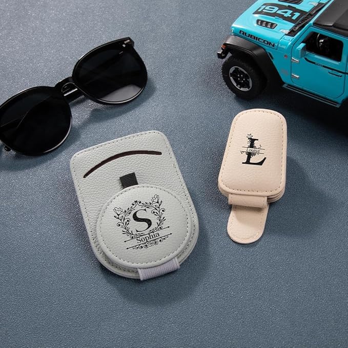 Customizable Sunglasses Visor Clip with Card Holder - Vegan Leather Magnetic Car Accessory, Universal Sun Visor Organizer for Men and Women Drivers
