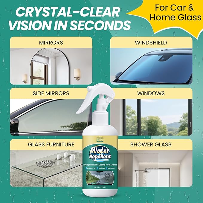 Glass Water Repellent Spray - Hydrophobic Rain Repellent for Car Windshield, Shower Doors, Windows & Mirrors - Long-Lasting W