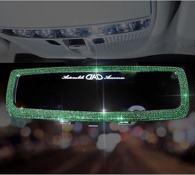 Bling Rhinestone Rear View Mirror with Crystal Diamonds Bling Car Accessory for Women (Green)