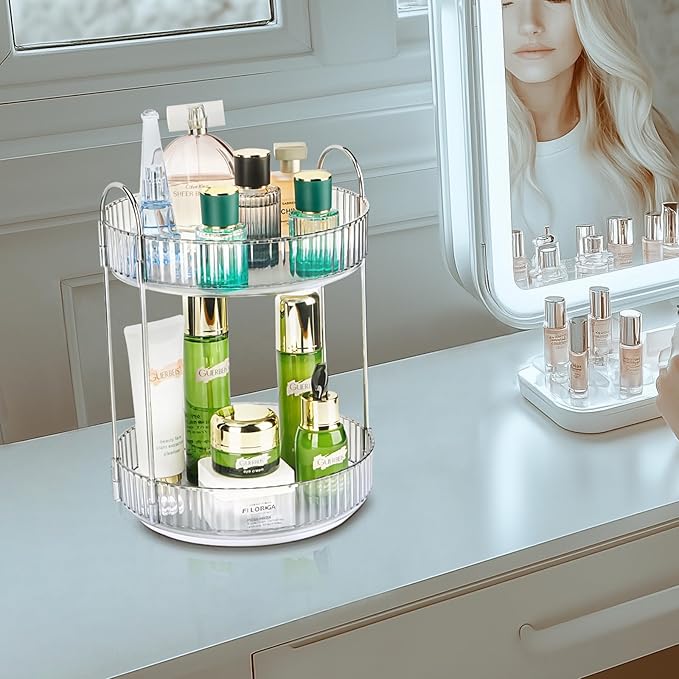 360 Rotating Makeup Organizer, 2 Tier Lazy Susan Bathroom Counter Organizer, Skincare Organizers, Spinning Perfume Organizer 