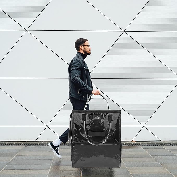 Reusable Grocery Bag On Wheels, 70L Foldable Shopping Rolling Tote Bag with 6 Pockets, Shopping Trolley Cart with Zippered Top & 3-Way Handles, Lightweight for Moving, Camping, Travel, Medium, Black