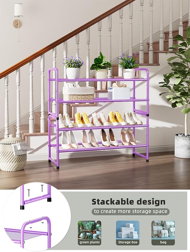 SUFAUY 2-Tier Mesh Shoe Rack, Closet Metal 33" Wide Shoe Shelf Heavy Duty, Purple