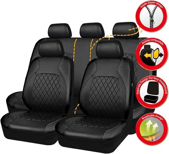 Universal Deluxe Pu Luxury Vinyl Faux Leather Car Seat Covers Full Set, Airbag Compatible, Breathable, Fit for Cars, Trucks, 