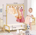 Kids Gold Clothing Rack - Dress Up Clothes Rack - Baby Toddler Closet - Freestanding Coat Racks with 2 Fabric Shelves - Small