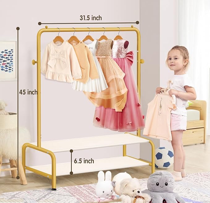 Kids Gold Clothing Rack - Dress Up Clothes Rack - Baby Toddler Closet - Freestanding Coat Racks with 2 Fabric Shelves - Small