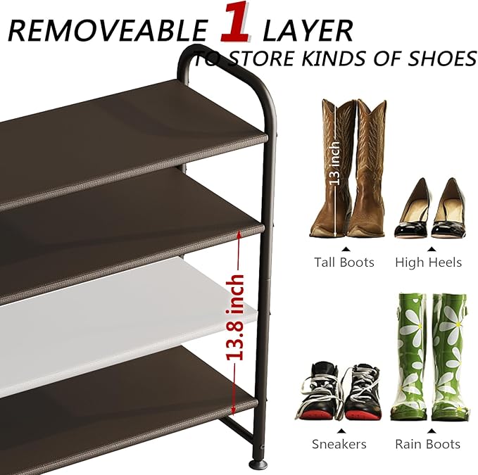 INGIORDAR Shoe Rack 4 Tier Long Storage Organizer Wide Metal Shoe Shelf for Closet Entryway Brown