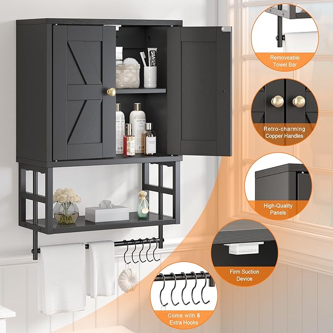 Farmhouse Medicine Cabinet - 3-Tier Wall Mounted Storage Organizer with Adjustable Shelves, Towel Bar, 5 Hooks for Small Bath
