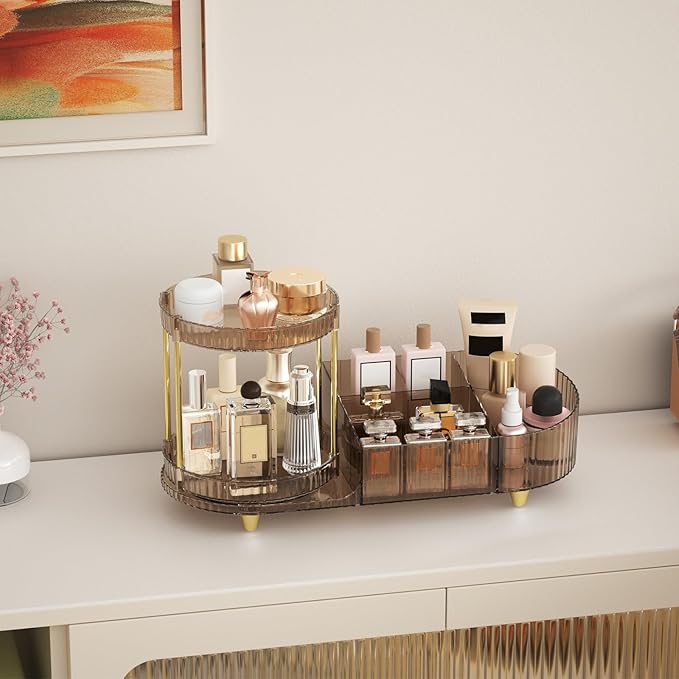 Makeup Organizer Countertop with 360 Rotating Perfume Trays, 7-Divider Vanity Skincare Organizers, Make Up Desk Organization 