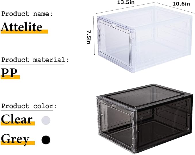 Attelite Shoe Box,Set of 6,Stackable Plastic Clear Shoe Box Organizer with Magnetic Door,Shoe Storage Box Thicken Sturdy,Easy