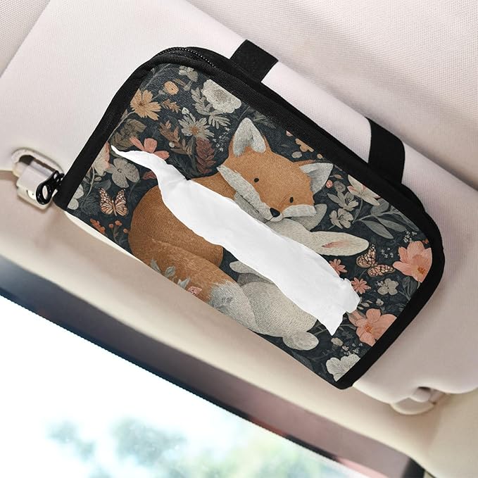 Car Tissue Holder Car Visor Organizer Tissue Box Holder for Car Sun Visor Organizer with Car Vehicle Accessories Essentials Interior for Women Men Forest Fox Bunny Flowers Green