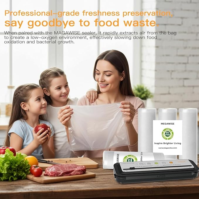 MEGAWISE 11"x14" Vacuum Sealer Bags, 25 Count Pre-Cut Food Storage Bags, BPA-Free, Heavy-Duty Textured Design for Strong Seal