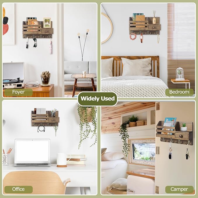 Key Holder Wall Mount, Wooden Adhesive Mail and Key Organizer with Drawer, Small Shelf, 8 Hooks, 2 Installation Methods, Brow