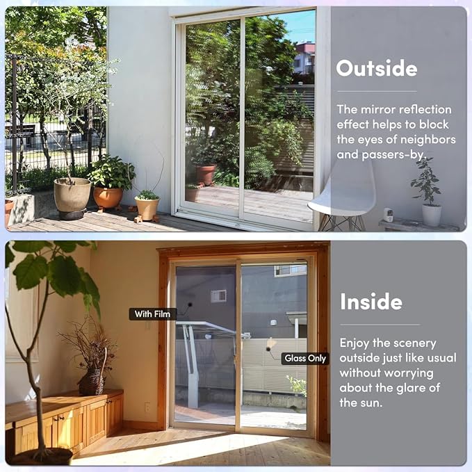 Coavas One Way Privacy Window Film, Sun Blocking Reflective Window Film See Out Not in, Heat Control Window Tint for Home, Anti UV Static Cling for Windows Office Door (Silver, 35.4 x 78.7 inches)