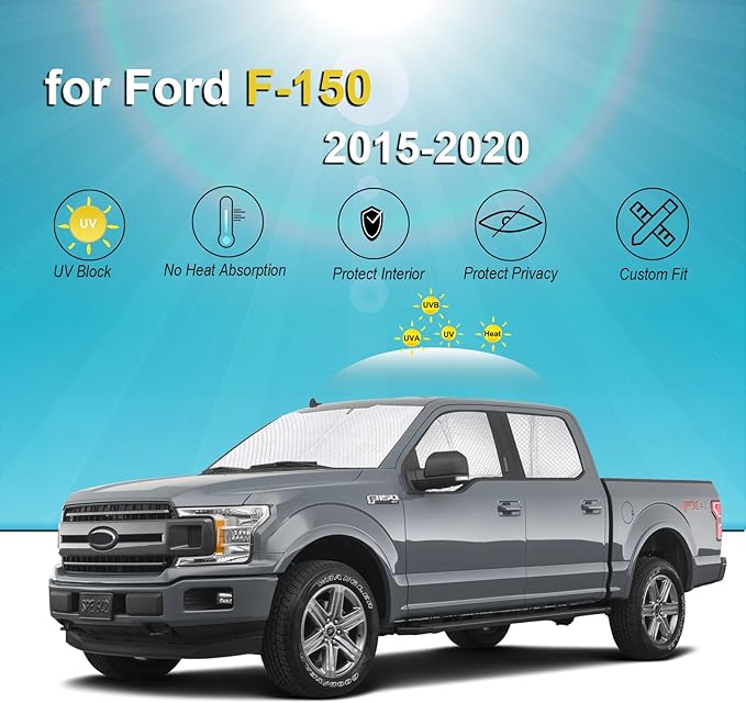 KMF 6pcs Thicken Full Window Sun Shades for Ford F-150 2015-2020 Accessories, F150 Privacy Car Window Covers for Windshield Side Rear, UV Block and Blackout for Camping Outdoor