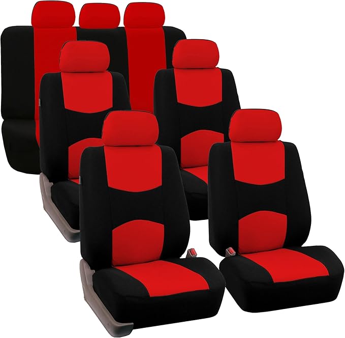 FH Group Flat Cloth Full Set Car Seat Covers Three Row 7 Seater - Universal Fit for Cars, Trucks & SUVs Red