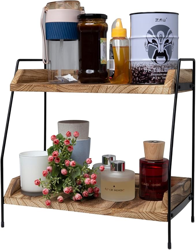 QUALLON Coffee Bar Accessories and Organizer, Coffee Station Organizer 2 Tier Bathroom Counter Organizer, Wood Coffee Tray, B