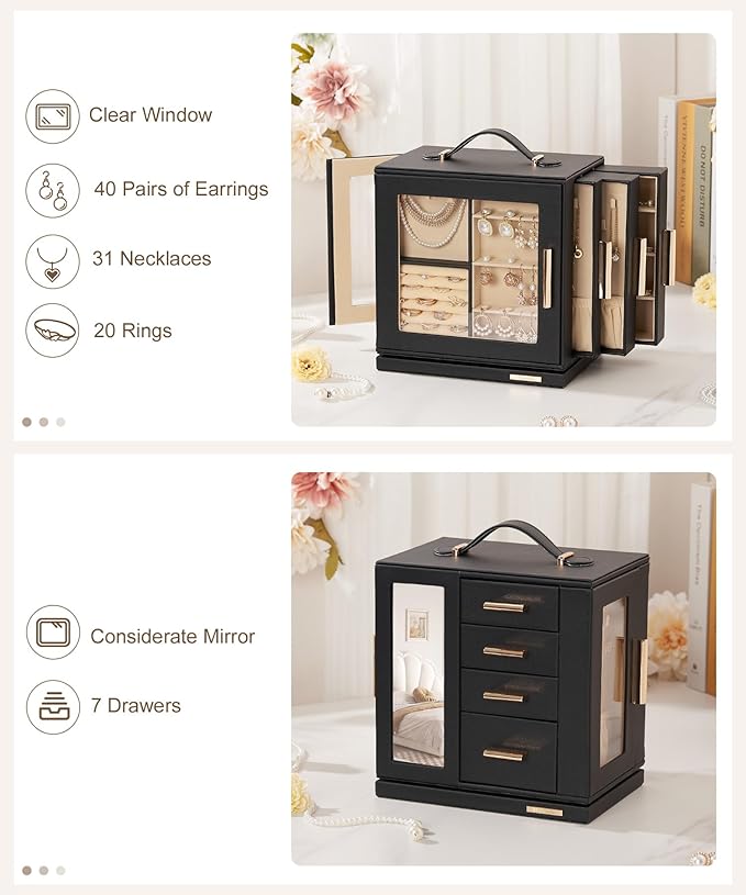 Homde Jewelry Box for Women Large: Rotating Organizer for Ring Earring Necklace Bracelet - 7 Drawers Storage for Dresser (Bla