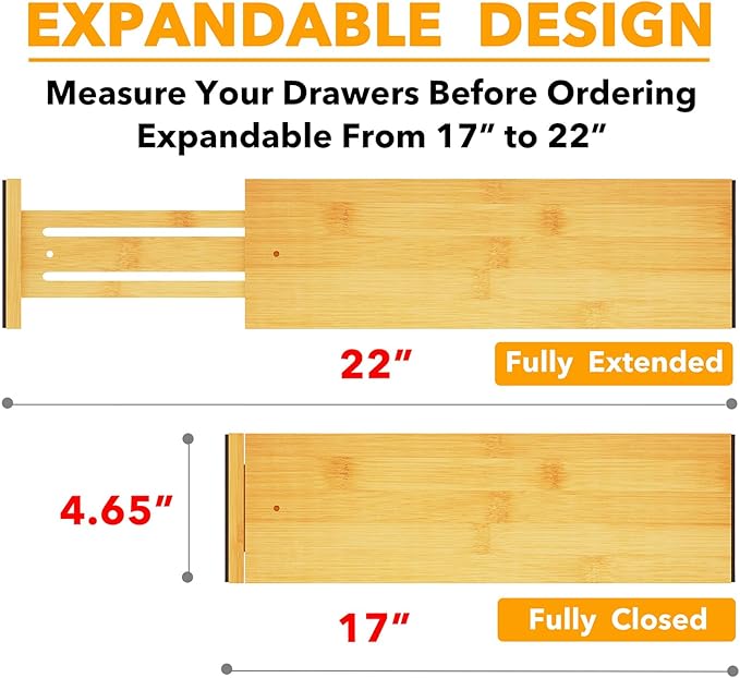 SpaceAid Bamboo Dresser Drawer Dividers 6 Pack, 4.65“ High Adjustable 17“-22” Drawer Organizers, Expandable Organization for 