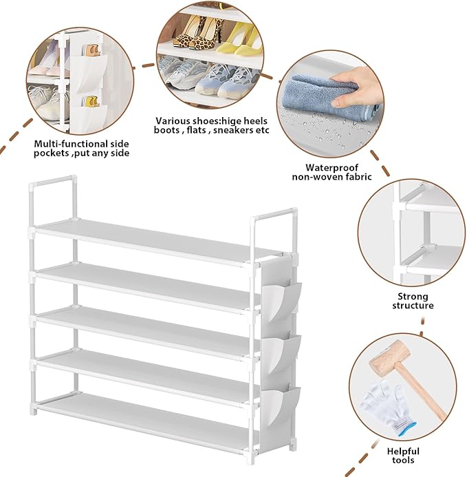 OYREL 5 Tier Shoe Organizer, 33.3in Wide x 11.2in Deep x 35.6in Tall, Black Metal and Plastic Shoe Rack with Side Bag, Holds 