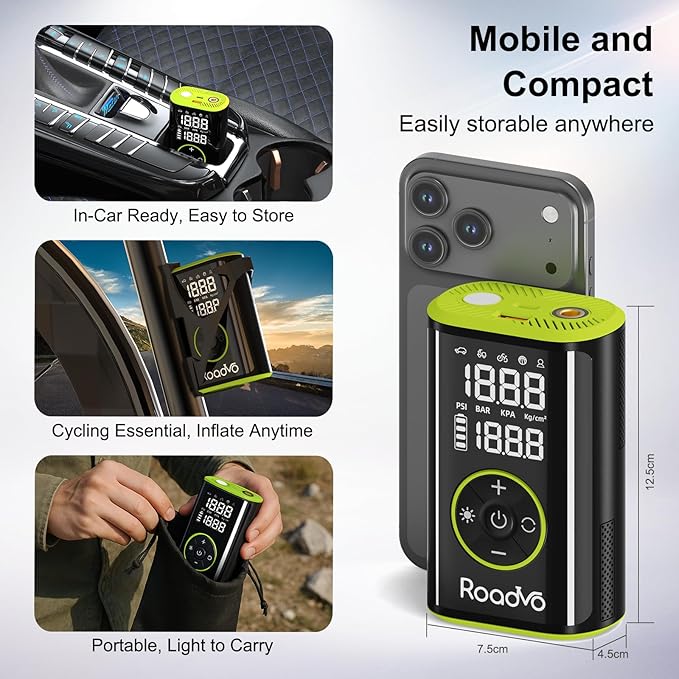 Roadvo Portable Tire Inflator Air Compressor, 150PSI Cordless Tire Pump & Bicycle Pump with 10000mAh Battery, 24L/Min Fast Inflation, Auto Shut-Off, Digital Gauge, LED Light for Car, Bike, Motorcycle