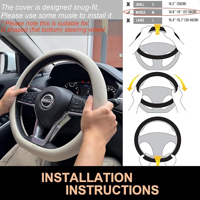 PINCTROT D Shaped Nappa Leather Steering Wheel Cover, Slim Fit No Bulk Design, One Piece Leather with Breathable Perforation,