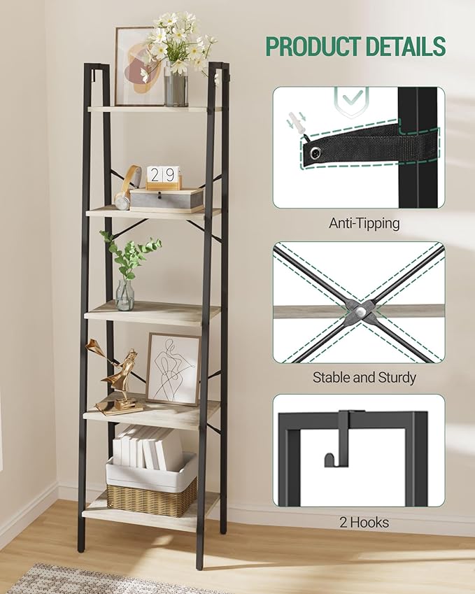Hzuaneri Ladder Shelf, Bookshelf Bookcase, Freestanding Corner Storage Shelve with 2 Hooks for Home Office, Living Room, Kitc