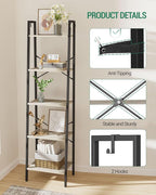 Hzuaneri Ladder Shelf, Bookshelf Bookcase, Freestanding Corner Storage Shelve with 2 Hooks for Home Office, Living Room, Kitc