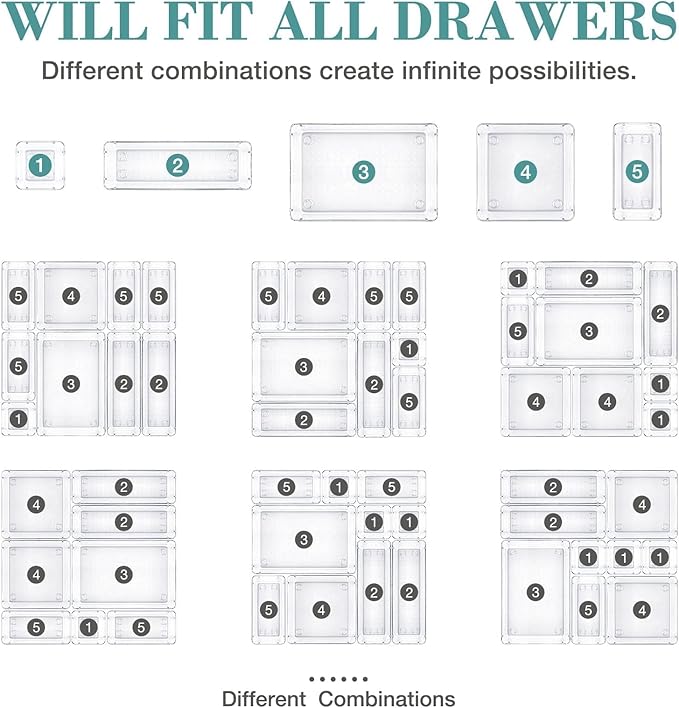 StorMiracle 23 PCS Drawer Organizer Set, 5 Varied Size Bathroom and kitchen Drawer cabinet organizer Trays, Clear Storage Bin