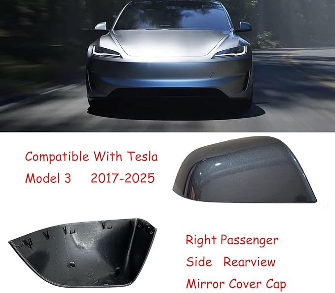 Compatible with Tesla Model 3 Side Mirror Cover Replacement 2017 2018 2019 2020 2021 2022 2023 2024 2025, Right Side Rearview Mirror Cover Cap for Model 3 Accessories(Silver)