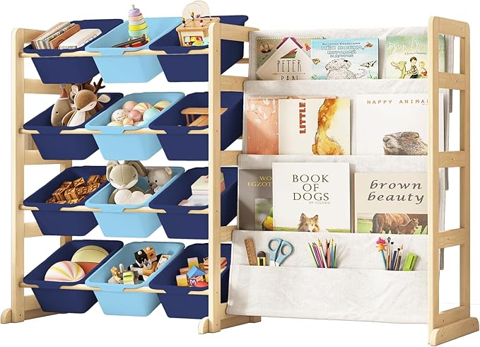 EXPERLAM Toy Storage Organizer with Bookshelf - 12 Storage Bins 4-Tier Multipurpose Shelf to Organize Toys and Books for Kids