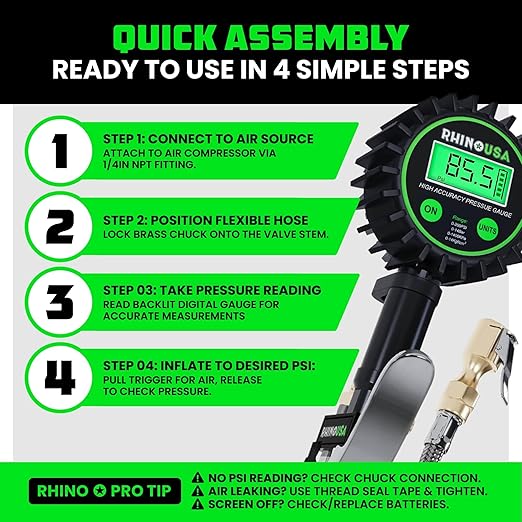 Rhino USA Digital Tire Pressure Gauge with Inflator (0-200 PSI) - Heavy Duty Air Chuck and Compressor Accessories with Stainless Braided Hose, Large 2" Dial and Solid Brass Hardware for Truck and RV