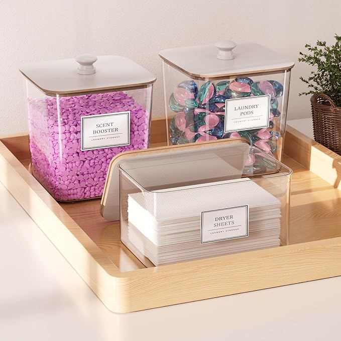 Laundry Pods Storage Container, Clear Laundry Room Organization and Storage,Detergent Powder Container,with Wooden Lids & Lab