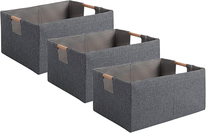 Fabric Storage Bin Box Foldable Cotton Linen Storage Basket with Wooden Handles Rectangular Cube Decorative Home Laundry Orga