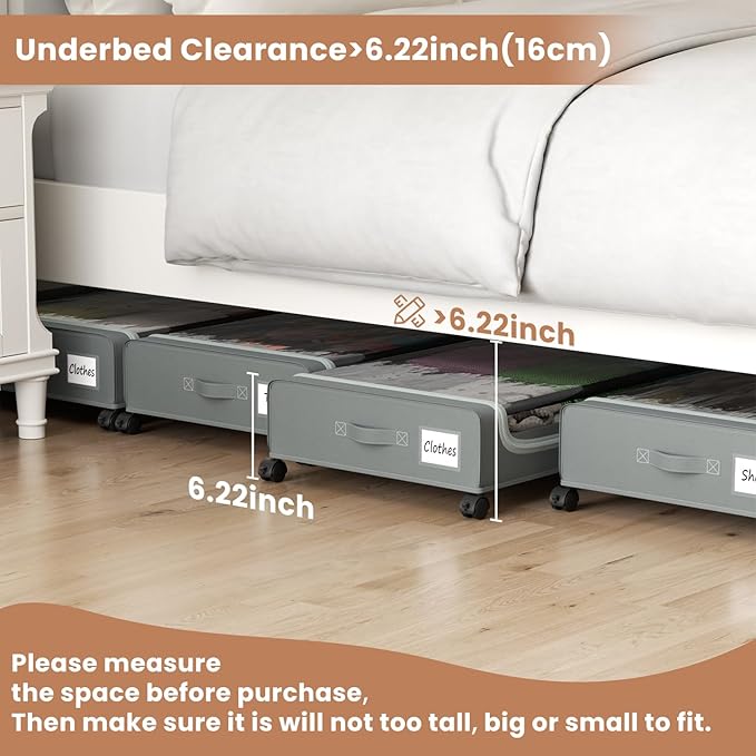 Under Bed Storage Containers with Clear Lid, Large Under Bed Storage with Wheels,6.22"H Under Bed Containers Rolling Under Be