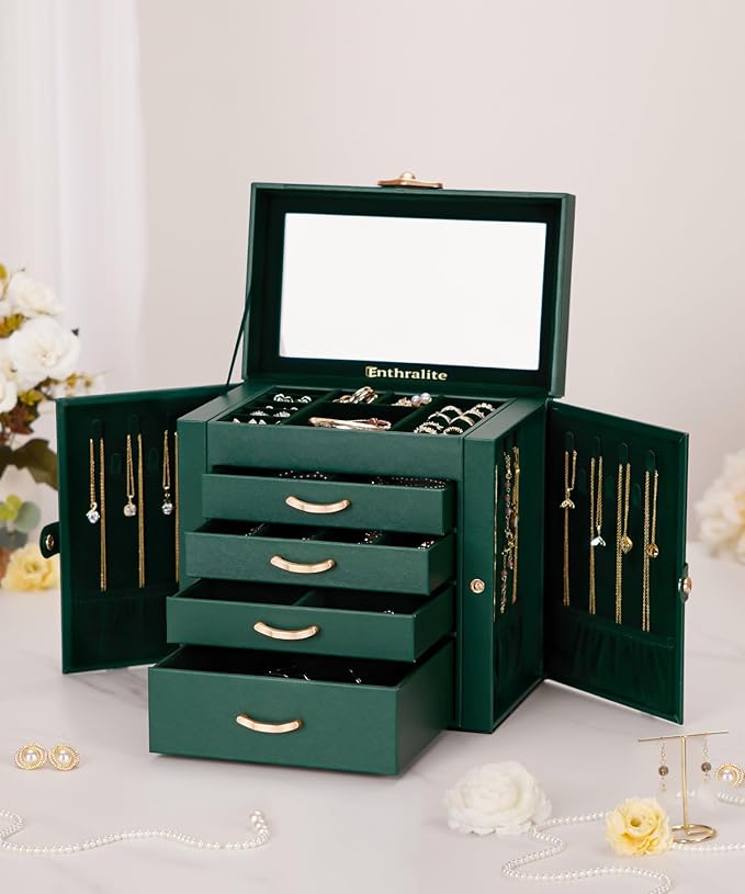 Enthralite Jewelry Box with 4 Drawers: Display Organizer for Earrings Necklaces - Gifts for Girls Women (Forest Green)