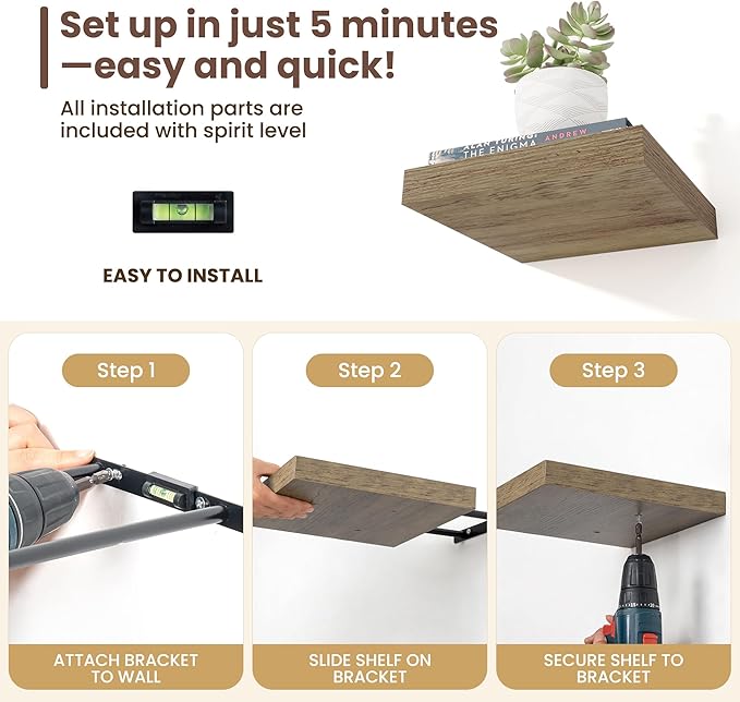 Fun Memories Square Floating Shelves for Wall - 12 Inch Deep Floating Shelves with Invisible Brackets, Grey Small Wall Shelf 