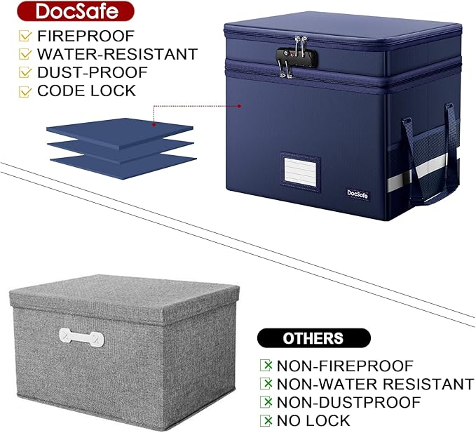 DocSafe File Box with Lock,Multi-Layer Fireproof Document Box Collapsible File Storage Organizer with Pockets/Handle,Large Po