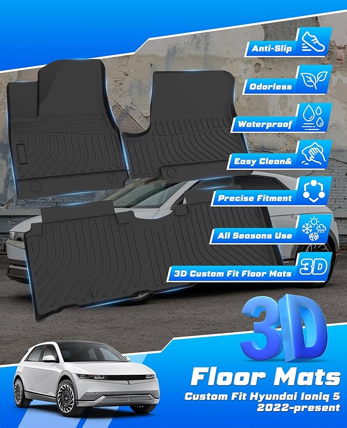 Sunsdrew Floor Mats for 2022-2024 Hyundai Ioniq 5 (Unmovable Console Only, Not for 2025), All Weather Floor Liners 1st & 2nd Row Car Mats Ioniq 5 Accessories TPE Rubber Raised Edge