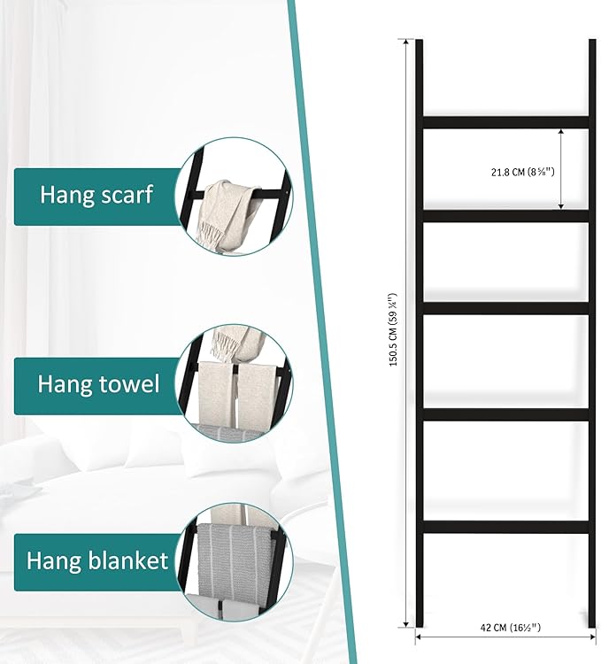 Blanket Ladder, Bamboo 5-Layer Towel Racks, Blanket Quilt Towel Holder Rack Decorative Ladder, Easy Assembly, Rustic Farmhous