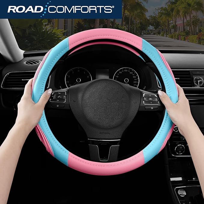 Road Comforts Car Steering Wheel Cover - Microfiber Leather Steering Wheel Wrap Sports 14.5-15 Inch Steering Wheel Cover Non-