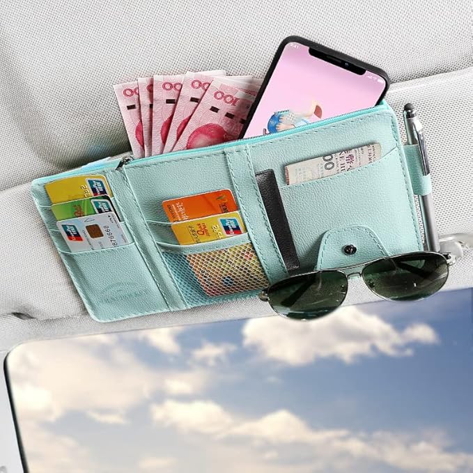 JEYODA Car Sun Visor Organizer Auto Car Visor Pocket and Interior Accessories Car Storage Organizer with Multi-Pocket Net Zippers (Style 1-Blue)