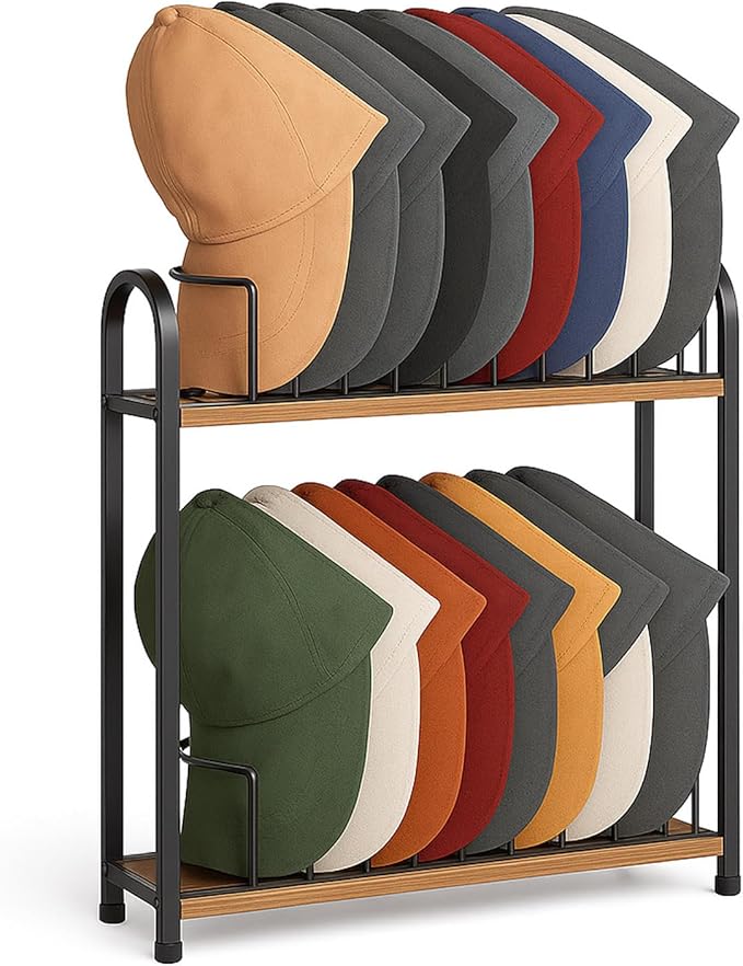 SWTYMIKI Hat Stand for Baseball Caps - 2 Tier Wood & Metal Removable Tabletop Hat Organizer Storage Display Rack, Holds up to