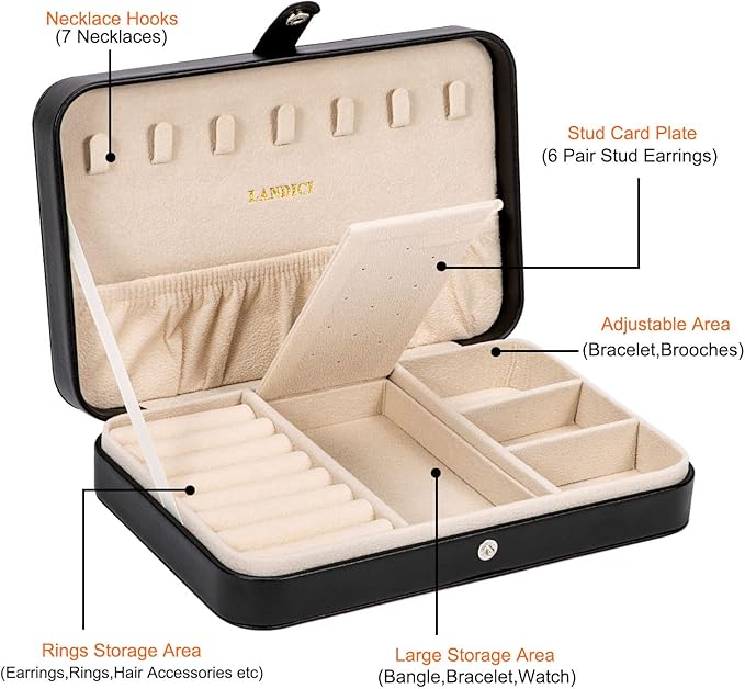 LANDICI Small Jewelry Box for Women Girls, PU Leather Travel Jewelry Case, Portable Jewelry Organizer Storage Holder Display 